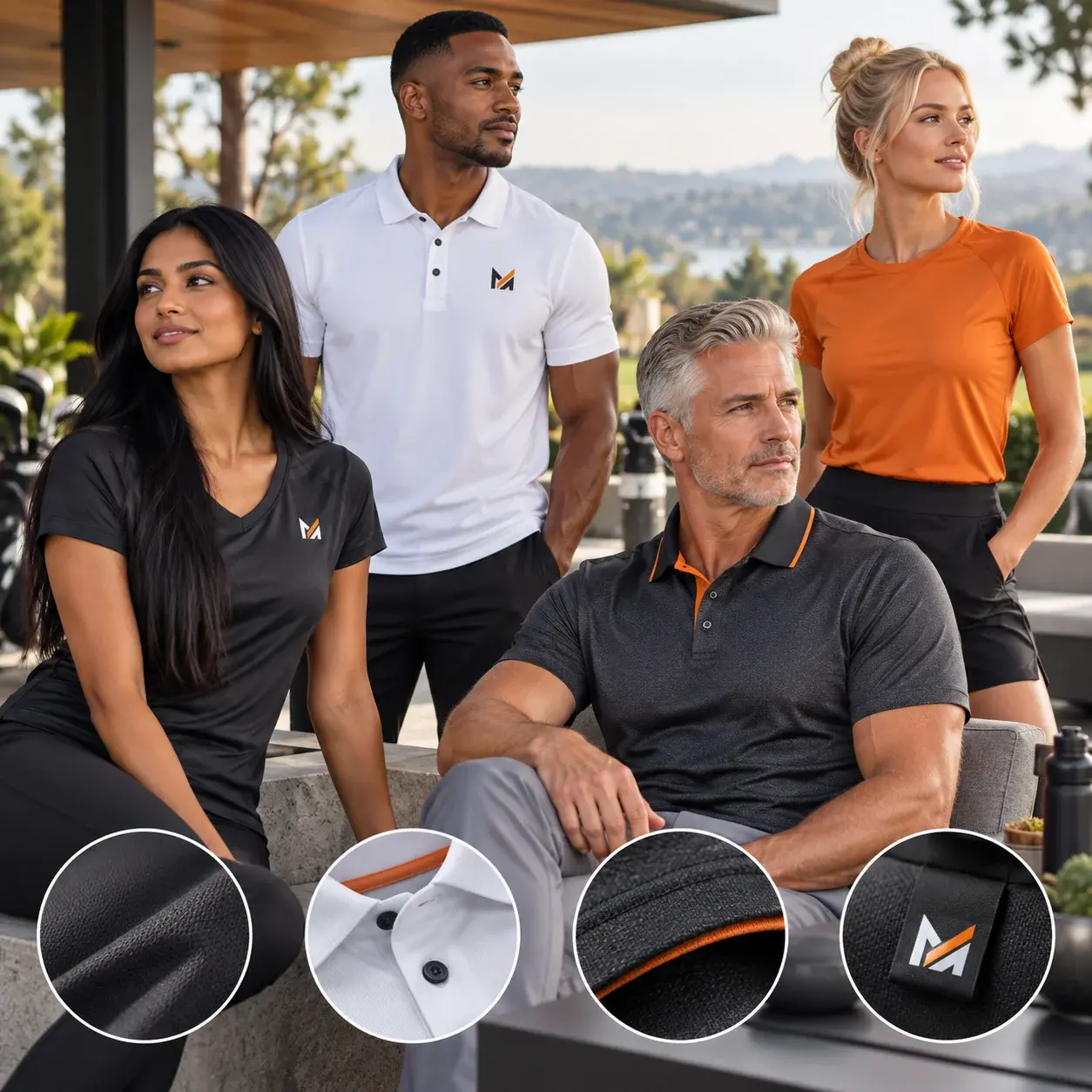 Four models wearing custom performance T-shirts and polos in black, white, gray, and orange, with close-up details of the fabric, collar, stitching, and Mega Apparel branding.
